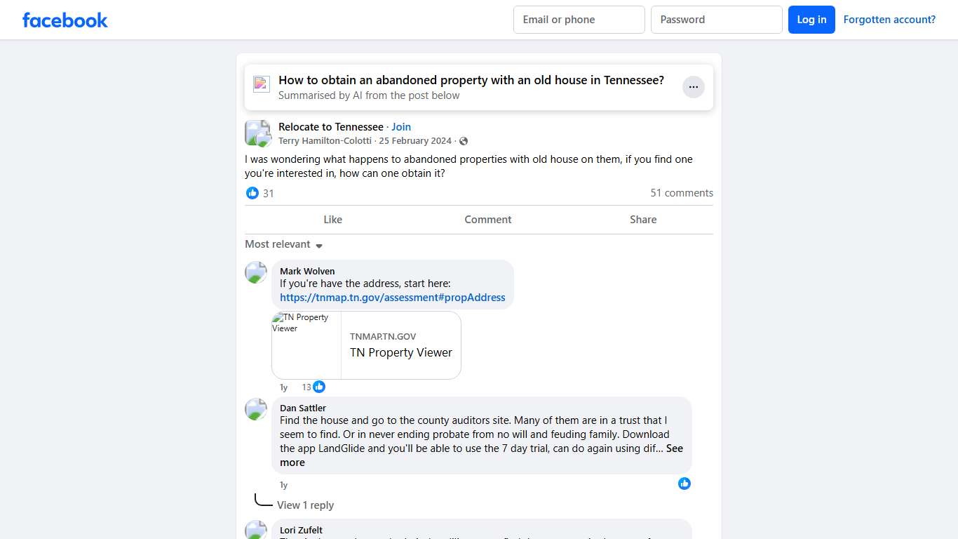 Relocate to Tennessee I was wondering what happens to abandoned properties with old house on them, if you find one you're interested in, how can one obtain it Facebook